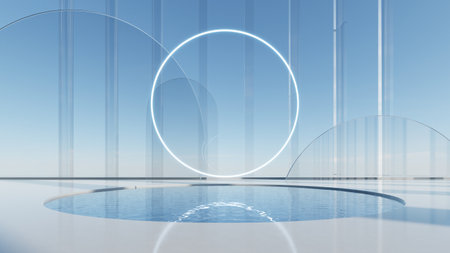 3d illustration of abstract minimal geometry background, geometric architectural with glass design on water surfaceの写真素材