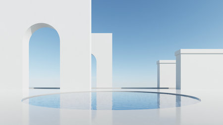 3d illustration of abstract minimal architecture background, geometric architectural with glass or arch design on water surfaceの写真素材