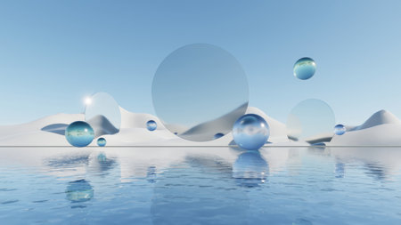 3d illustration of abstract minimal geometry background, geometric architectural with glass design and bubbles on water surfaceの写真素材