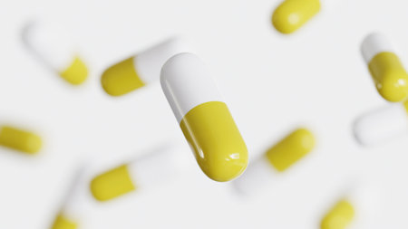3d render of medical yellow capsules isolated on white background