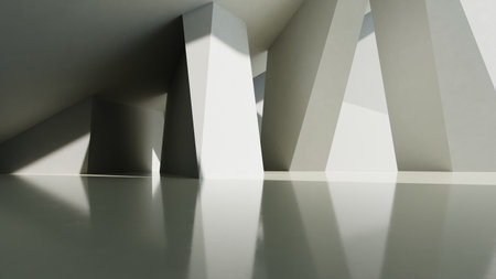 Abstract of concrete interior space with sun light cast the shadow on the wall and floor,Geometric design,Perspective of brutalism architecture,3d renderingの写真素材