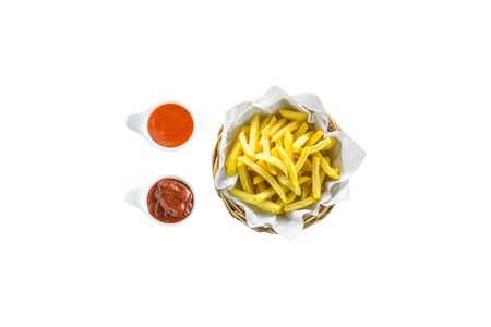 Crispy French fries isolated on white background. Tomato and chili sauce