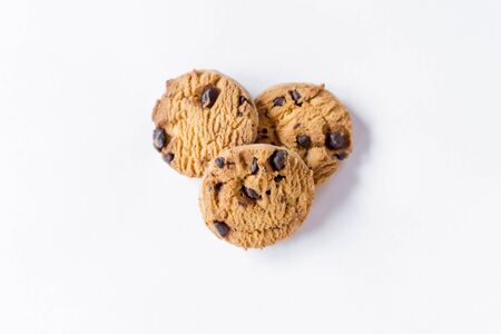 Top view chocolate chip cookies on white background