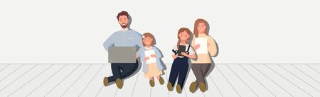 New normal family. Father working from home on laptop.Mother Shopping online.Girl student online...