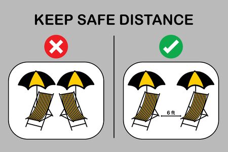 Social distancing between Beach chairs and umbrella for Sunbathe.Keep Safe Distance 6ft.People travel on the beach after lockdown due to coronavirus covid 19.New normal concept. Sign and symbol vectorのイラスト素材