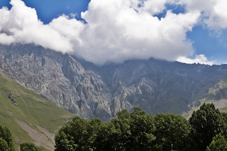 The peaks of the mountains of the Caucasus range in the clouds, in the foreground treesの写真素材