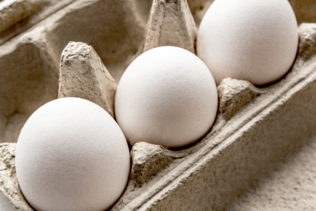 Overhead view of white chicken eggs in an open egg carton. Fresh chicken eggs backgroundの写真素材
