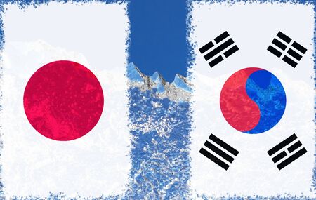 the flag of Japan and South Korea are painted at opposite end of piece of ice in the form of an arctic iceberg against blue sky.の写真素材