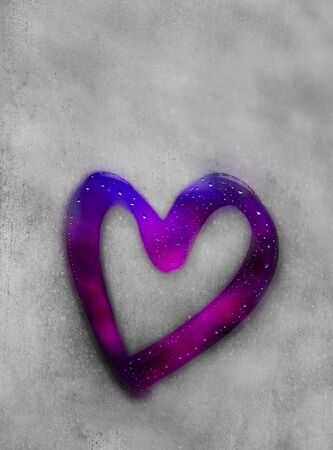 heart outline painted on sweaty glass, there are many drops on it, purple inscription heart and love handmade on a wet autumn foggy glass. valentines day concept with copy space for textの写真素材