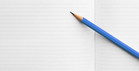 a blue pencil with a black stylus on a spread of blank pages of a notebook for business. Mock-up Copy spaceの写真素材