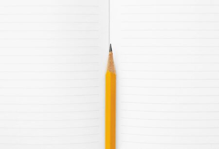 orange pencil in the middle of a spread of blank notebook pages, notebook for busines. Mock-up Copy spaceの写真素材