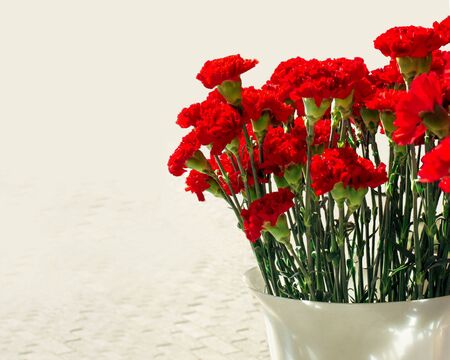 Bouquet of red carnations in a plastic vase isolated on a white background with sunshine. Sale on the street during the May 9 holiday of Russia with sunshine. Greeting card for the Victory Day on May 9, vertical frame. Dianthus caryophyllusの写真素材