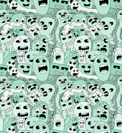 Doodle green monsters seamless pattern.のイラスト素材