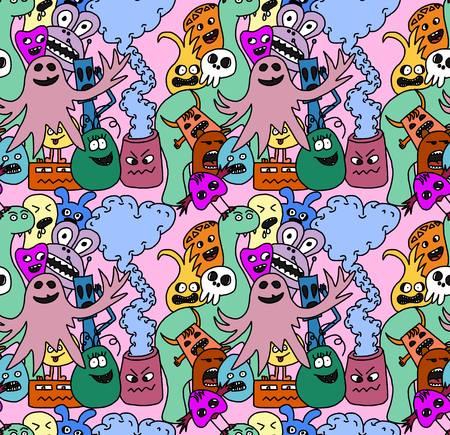 Funny monsters seamless vector pattern in bright coloursのイラスト素材