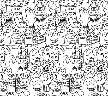 Funny monsters seamless vector pattern in black and white coloursのイラスト素材