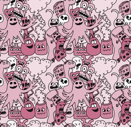 Funny monsters seamless vector pattern in purpur coloursのイラスト素材