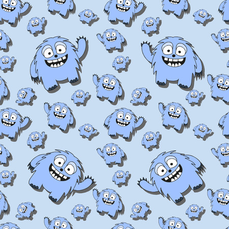 Funny seamless pattern with cartoon monsters in blue coloursのイラスト素材