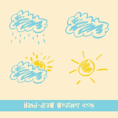 Pastel hand drawn doodle weather icons on yellow backgroundのイラスト素材