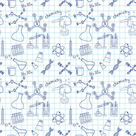 Seamless sketch of science doddle elements on notebook.のイラスト素材