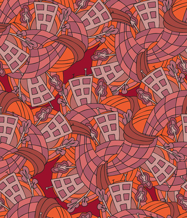 Hand-drawn seamless pattern with abstract houses in red colorsのイラスト素材