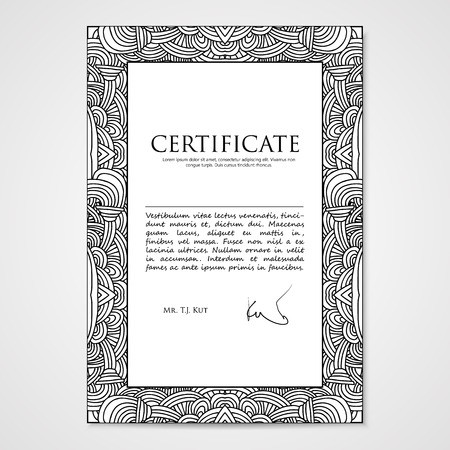 Graphic design template document with hand drawn ornament in black and white colorsのイラスト素材