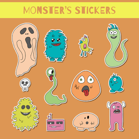 Abstract funny monsters stikers in bright colors.のイラスト素材