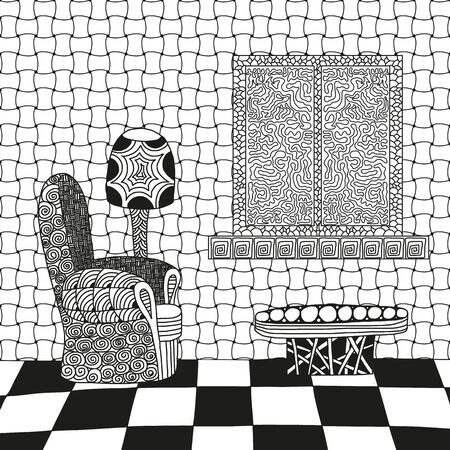 Abstract interior room in black and white colors. Hand-drawn illustration.のイラスト素材