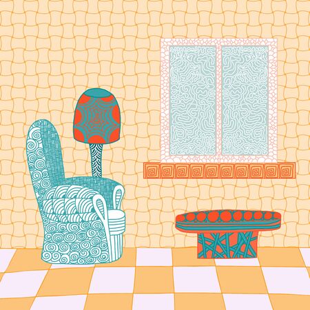 Abstract interior room in bright colors. Hand-drawn illustration.のイラスト素材