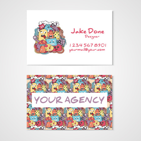 Business card template whit funny doodle monstes. Corporate identity.のイラスト素材