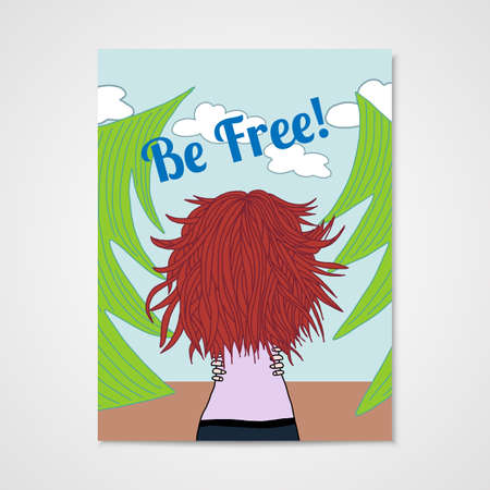 Poster with a woman with developing hair in a forest. Vector Illustration.のイラスト素材
