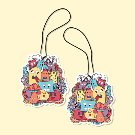 Design of label with abstract monsters pattern in bright colors.のイラスト素材