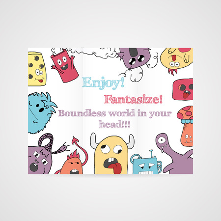 Design of brochure with abstract monsters pattern. Vector illustration.のイラスト素材