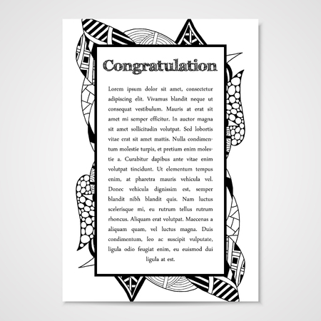 Graphic design template document with hand drawn ornament in black and white colorsのイラスト素材