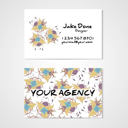 Business card with abstract hamd drawn flower in bright colorsのイラスト素材