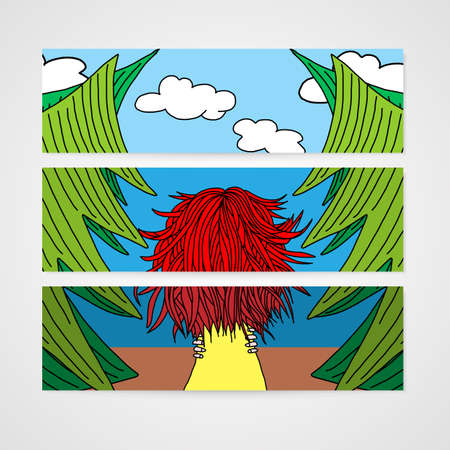 Banners with a woman with developing hair in a forest. Vector Illustration.のイラスト素材