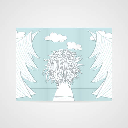 Brochure with a woman with developing hair in a forest. Vector Illustration.のイラスト素材