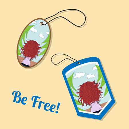 Label with a woman with developing hair in a forest.  Bright illustrations.のイラスト素材