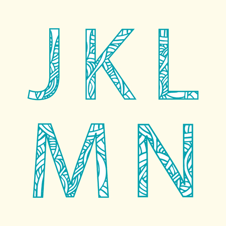 Doodle alphabet. Letter "J", "K", "L', "M", "N'.のイラスト素材