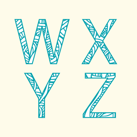 Doodle alphabet. Letter "W", "X", "Y', "Z'.のイラスト素材