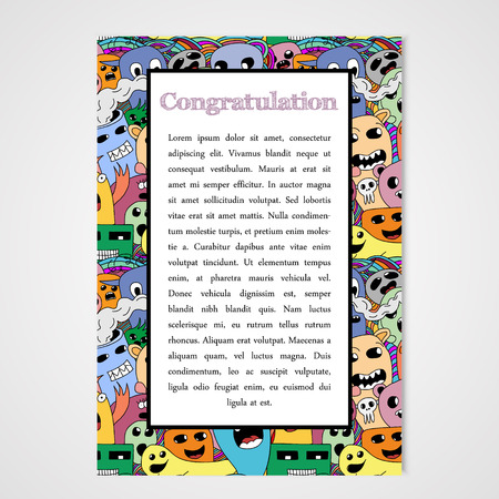 Graphic design template document with abstract monsters. Hand drawn illustration.のイラスト素材