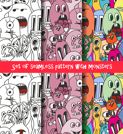 Set of abstract seamless pattern with monsters. Three seamless patterns under clipping mask and in swatches.のイラスト素材