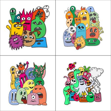 Set of four stickers monsters in bright colors.のイラスト素材