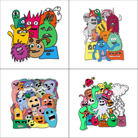 Set of four stickers monsters in bright colors.のイラスト素材