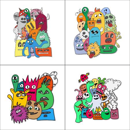 Set of four stickers monsters in bright colors.のイラスト素材