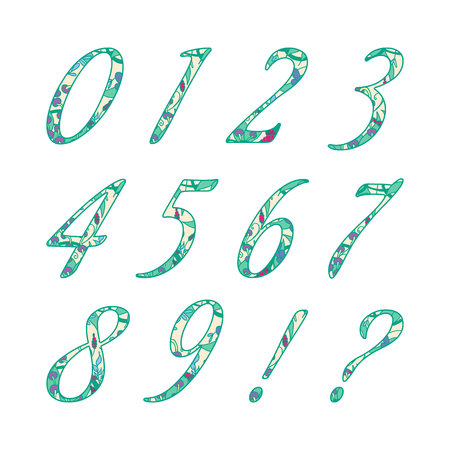 Doodle numbers with hand drawn abstract floral pattern.のイラスト素材