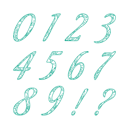 Doodle numbers with hand drawn abstract floral pattern.のイラスト素材