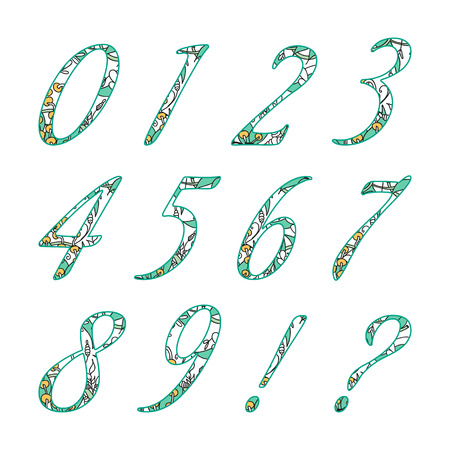 Doodle numbers with hand drawn abstract floral pattern.のイラスト素材