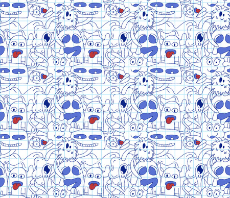 Seamless pattern with abstract monsters on notebookのイラスト素材