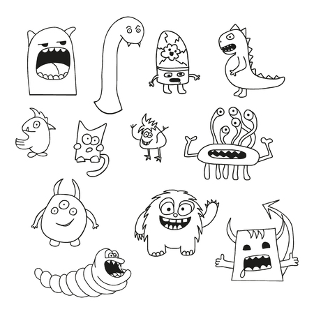 Set of doodle monsters icons in white and black colorsのイラスト素材