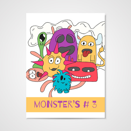 Poster with doodle monsters. Colorful print on a magazine coverのイラスト素材